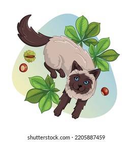 Siamese cat in chestnut leaf. Cute cartoon illustration. Beautiful ready-made clipart for autumn greeting card design. Concept for design of gift products. Print for decorative dishes, clothes, goods.