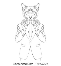 siamese cat dressed up in tuxedo, anthropomorphic illustration, fashion animals