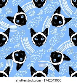 Siamese cat,  cat face. Seamless vector pattern with cats and decorative elements on white. Hand-drawn vector illustration. Animal art background.