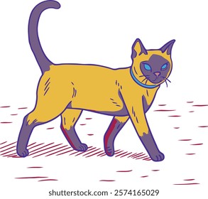 Siamese cat gracefully walking on a red carpet, perfect for elegant digital artwork.