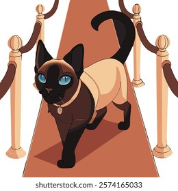 Siamese cat gracefully walking on a red carpet, perfect for elegant digital artwork.