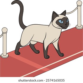 Siamese cat gracefully walking on a red carpet, perfect for elegant digital artwork.