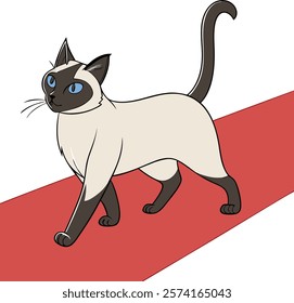 Siamese cat gracefully walking on a red carpet, perfect for elegant digital artwork.