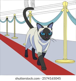 Siamese cat gracefully walking on a red carpet, perfect for elegant digital artwork.