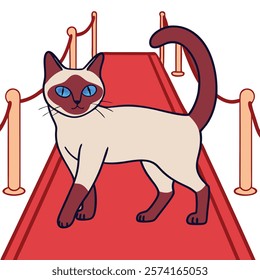 Siamese cat gracefully walking on a red carpet, perfect for elegant digital artwork.