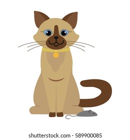 Siamese cat haunted mouse. Cartoon character. Domestic animal. Flat vector stock illustration