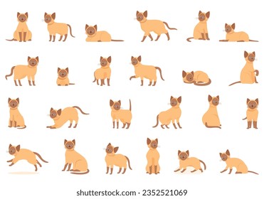 Iconos de gatos siameses establecen el vector de dibujos animados. Un animal dormido. Reproducir estante