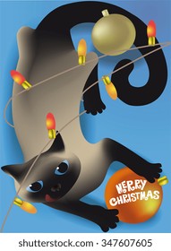  Siamese cat playing with Christmas decorations, holiday card 