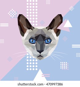 Siamese cat portrait in modern polygonal style isolated on trendy memphis style background pattern with polygons, triangles and rectangles