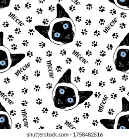Siamese cat. Seamless pattern with cat face and trace cat feet. Hand-drawn vector illustration on white. Animal art background.