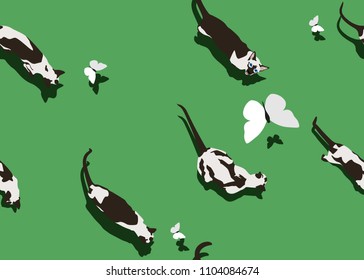 Siamese cat seamless pattern on green background. Flat style image with shadow. Funny pets walking with flying butterfly. Vector illustration. Animal cartoon texture, wallpaper and banner.