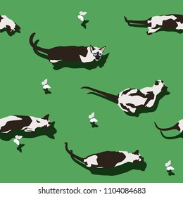 Siamese cat seamless pattern on green background. Flat style image with shadow. Funny animals walking with flying butterfly. Pet cartoon texture, wallpaper and banner. Vector illustration.