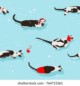 Siamese cat seamless pattern on light blue background. Flat style with snow and shadow. New Year accessories. Merry christmas winter. Funny animals. Vector illustration. Pet cartoon texture. Red ball