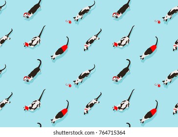 Siamese cat seamless pattern on light blue background. Flat style with shadow. New Year accessories. Merry christmas. Funny animals. Vector illustration. Pet cartoon texture. Red ball. 