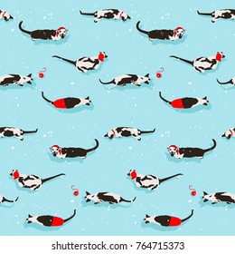 Siamese cat seamless pattern on light blue background. Flat style with shadow. New Year accessories. Merry christmas. Funny animals. Vector illustration. Pet cartoon texture. Red ball. Snowy winter