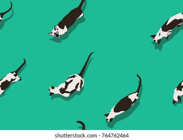 Siamese cat seamless pattern on green background. Flat style with shadow. Funny animals walk. Vector illustration. Pet cartoon texture for print, banner, postcard, card, wallpaper, web, gift pack.