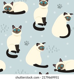 Siamese Cat seamless pattern Vector illustration. Cute cartoon cat on grey background