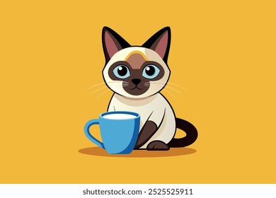 Siamese cat sitting with a cup of milk. Vector illustration