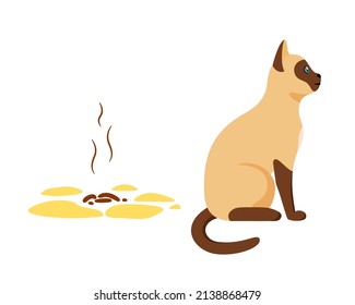 Siamese cat sitting near its poop. Badly behaved pet going to toilet on floor. Pet toilet hygiene concept. Bad smell. Flat style vector 