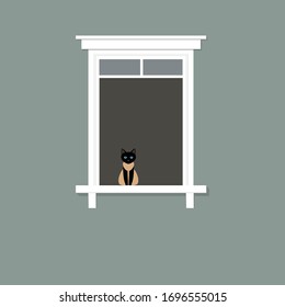 Siamese cat sitting on the window. The concept of "staying at home", quarantine and prevention of the spread of coronavirus (COVID-19). Vector Stock flat illustration