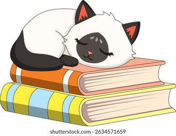 Siamese Cat Sleeping On Books Illustration