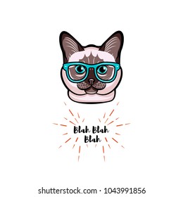 Siamese cat in smart glasses. Cat geek. Vector illustration isolated on white background.