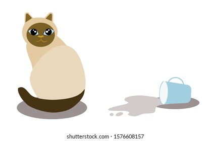 Siamese Cat Turn Coffee Cup Upside Down With Spilling Water. Isolated On White Background. Vector Illustration. Idea For Bad Behavior Of Cat.