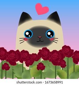 gato siamés bajo el cielo azul, fondo de flores de rosa vegetal, gatito tierno, ilustración de vector animal dibujada a mano, elemento en forma de corazón,
