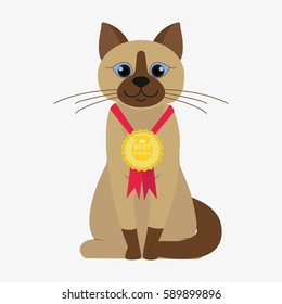 Siamese cat winner. Cartoon character. Domestic animal. Flat vector stock illustration