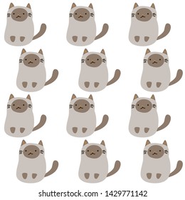 Siamese cats pattern. Vector cute cat doodle style. 