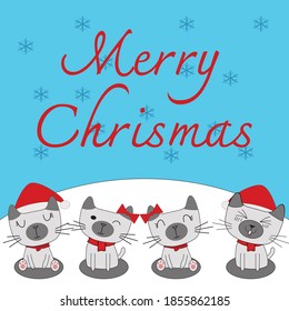 Siamese cats with smiling faces in the snow and happy Christmas messages.