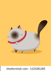 Siamese Fat Cat With Red Collar. Cute Cat . Isolated Vector