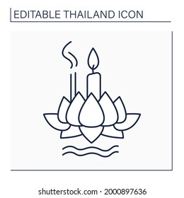 Siamese festival line icon. Float ritual vessel or lamp. Loi krathong. Candles and lotus flower. Thailand concept. Isolated vector illustration. Editable stroke