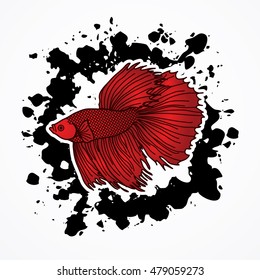 Siamese fighter fish designed on splatter ink background graphic vector.
