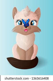 Siamese kitten looks at the blue butterfly sitting his nose 
