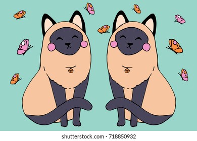 Siamese tween cats with butterflies - vector hand drawn illustration. Cute kawaii kitty sketch 