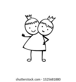 Siamese twins girls. Linear vector people in the children's style