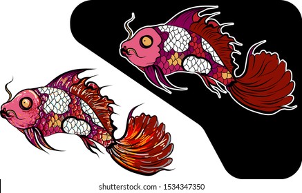 Siamise fighting fish isolate on white background.Sticker beautiful thai fish and tattoo design.colorful and coloring books style Thai beta fish