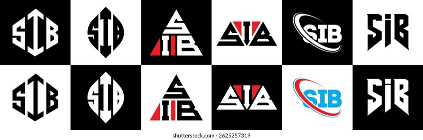 SIB letter logo design in six style. SIB polygon, circle, triangle, hexagon, flat and simple style with black and white color variation letter logo set in one artboard. SIB minimalist and classic logo