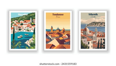 Sibenik, Croatia. Skradin, Croatia. Toulouse, France - Set of 3 Vintage Travel Posters. Vector illustration. High Quality Prints