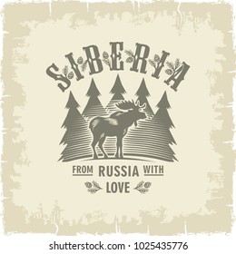 Siberia, Elk horned on firs background, Russia, love, vintage, Sepia, illustration, vector