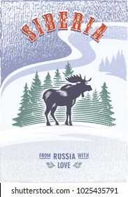 Siberia, Elk horned on firs background, Russia, love, snowfall, color poster, illustration, vector