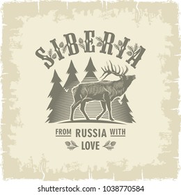 Siberia, Elk horned on firs background, Russia, love, vintage, Sepia, illustration, vector