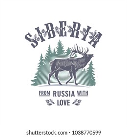 Siberia, the maral Deer on the background of fir trees, Russia, love, illustration, vecto