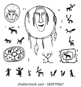 Siberia. Primitive painting set. Hand drawn vector illustration. Design element.