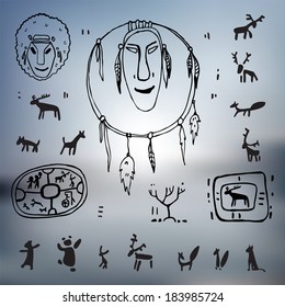 Siberia. Primitive painting set. Hand drawn vector illustration.