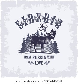 Siberia, Reindeer on the background of fir trees in blue, Russia, love, vintage, illustration, vector