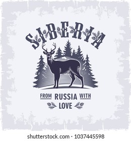 Siberia, Reindeer on the background of fir trees, horns, in dark blue color, Russia, love, vintage, illustration, vector