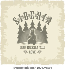 Siberia, sitting bear on the background of fir trees. Russia, love, vintage sepia illustration, vector.