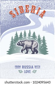 Siberia, walking bear against the backdrop of fir trees. Russia, love, vintage, sepia color poster illustration, vector.